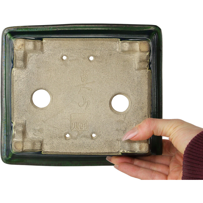 Rectangular green bonsai pot by Terahata Satomi Mazan - 197 x 168 x 70 mm
