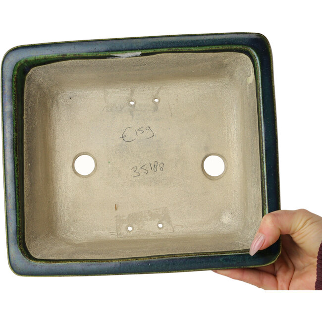 Rectangular green bonsai pot by Terahata Satomi Mazan - 250 x 215 x 82 mm