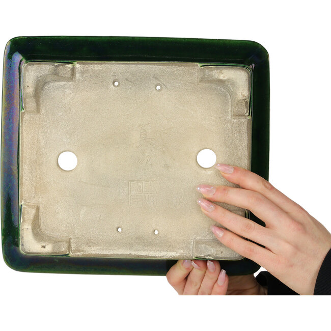 Rectangular green bonsai pot by Terahata Satomi Mazan - 278 x 245 x 90 mm