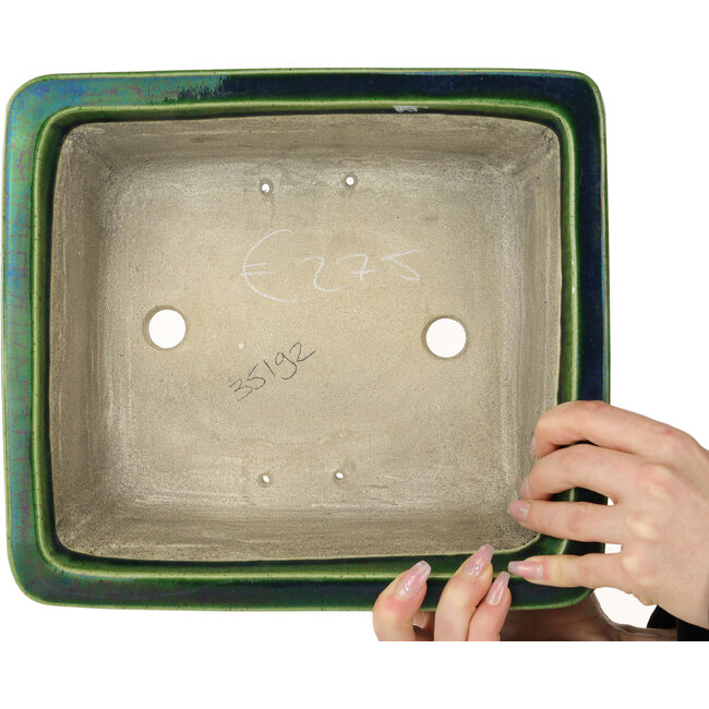 Pot à bonsaï rectangulaire vert par Terahata Satomi Mazan - 278 x 245 x 90 mm