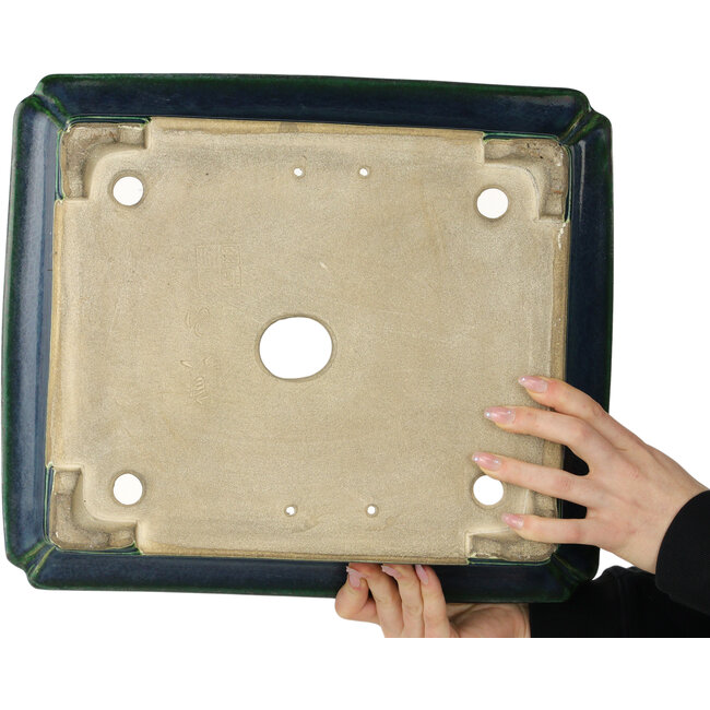 Rechthoekige groene bonsaipot van Terahata Satomi Mazan - 400 x 345 x 110 mm