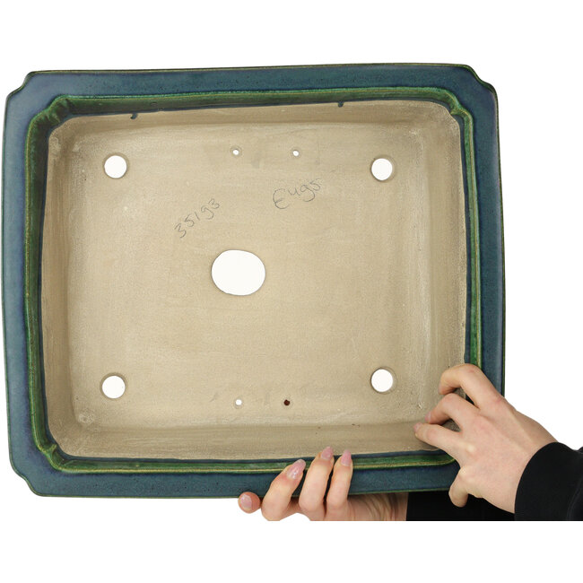 Rectangular green bonsai pot by Terahata Satomi Mazan - 400 x 345 x 110 mm