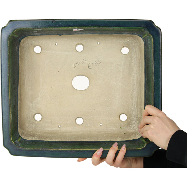 Pot à bonsaï vert rectangulaire par Terahata Satomi Mazan - 400 x 345 x 110 mm