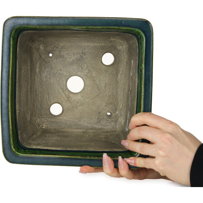 Square green bonsai pot by Terahata Satomi Mazan - 225 x 225 x 140 mm