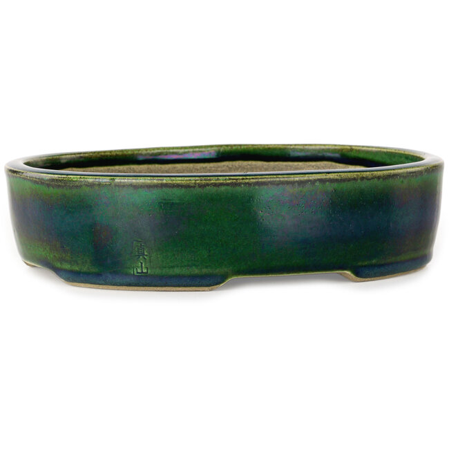 Oval green bonsai pot by Terahata Satomi Mazan - 222 x 175 x 52 mm