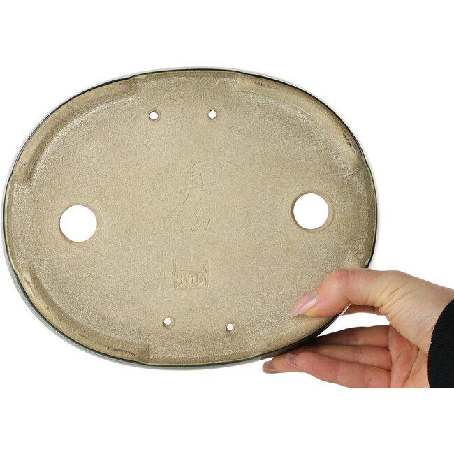 Oval green bonsai pot by Terahata Satomi Mazan - 222 x 175 x 52 mm