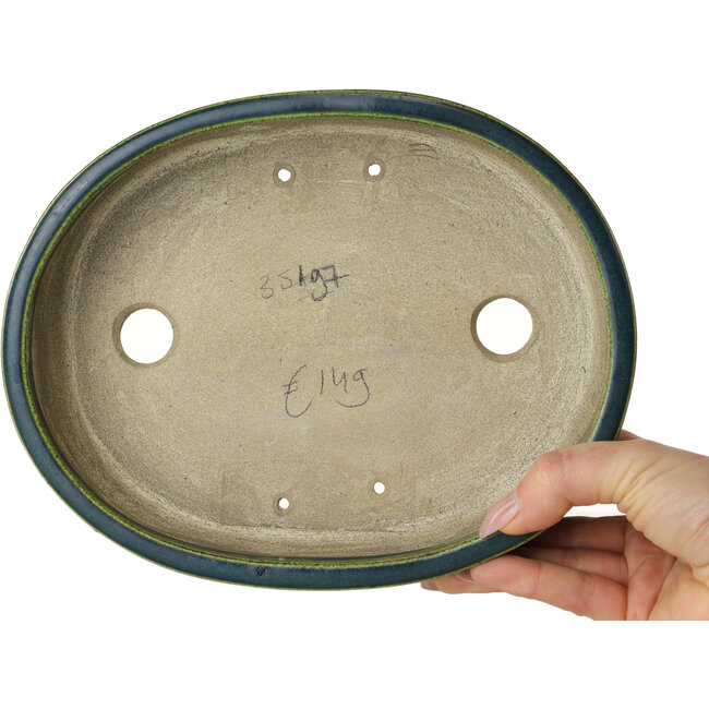 Pot à bonsaï ovale vert par Terahata Satomi Mazan - 222 x 175 x 52 mm