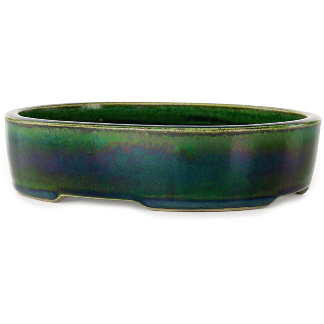 Oval green bonsai pot by Terahata Satomi Mazan - 222 x 175 x 52 mm