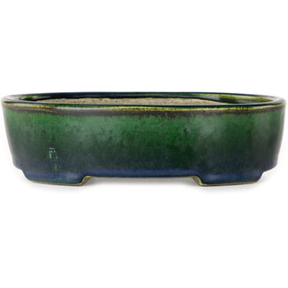  Satomi Mazan, Mazan Terahata 192 mm oval green bonsai pot by Terahata Satomi Mazan, Tokoname, Japan