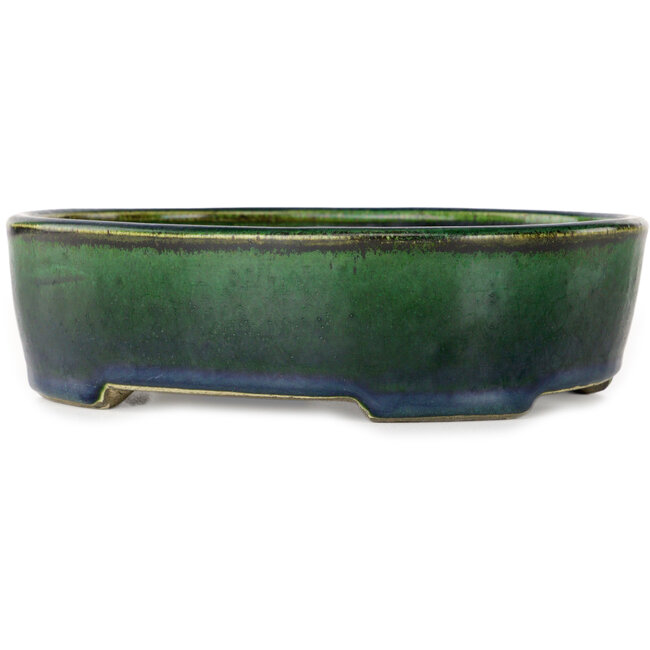 Oval green bonsai pot by Terahata Satomi Mazan - 192 x 160 x 55 mm