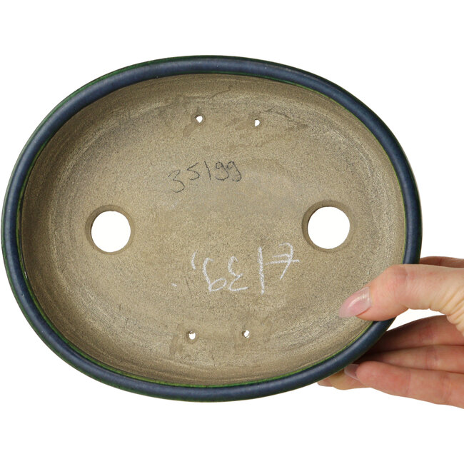 Oval green bonsai pot by Terahata Satomi Mazan - 192 x 160 x 55 mm