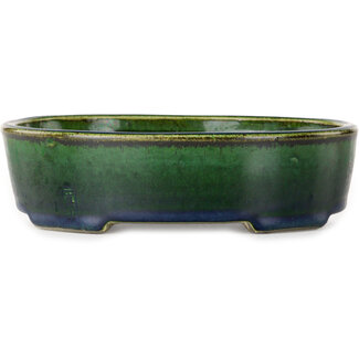  Satomi Mazan, Mazan Terahata 192 mm oval green bonsai pot by Terahata Satomi Mazan, Tokoname, Japan