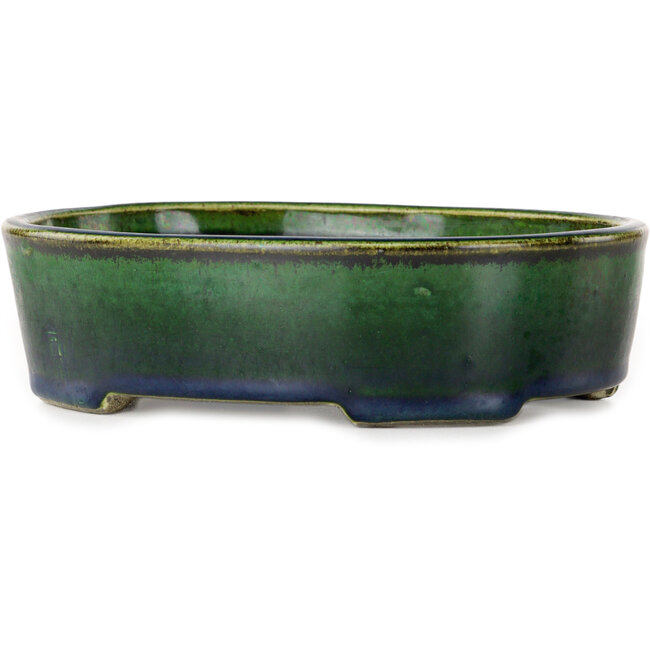 Oval green bonsai pot by Terahata Satomi Mazan - 192 x 160 x 55 mm