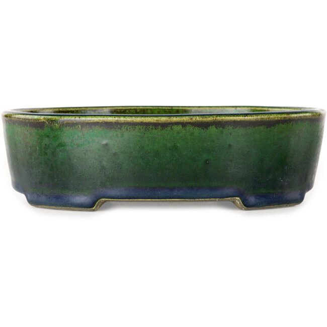 Oval green bonsai pot by Terahata Satomi Mazan - 192 x 160 x 55 mm