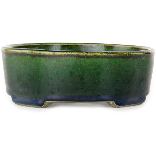Pot à bonsaï ovale vert par Terahata Satomi Mazan - 192 x 160 x 55 mm