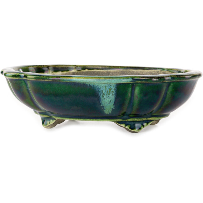 Pot à bonsaï vert lotus avec accent bleu par Terahata Satomi Mazan - 203 x 175 x 55 mm