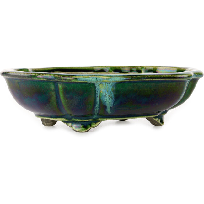 Pot à bonsaï vert lotus avec accent bleu par Terahata Satomi Mazan - 203 x 175 x 55 mm