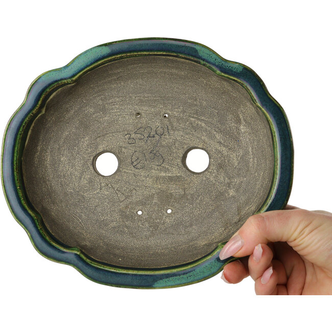 Lotusgrüner Bonsaitopf mit blauem Akzent von Terahata Satomi Mazan – 203 x 175 x 55 mm