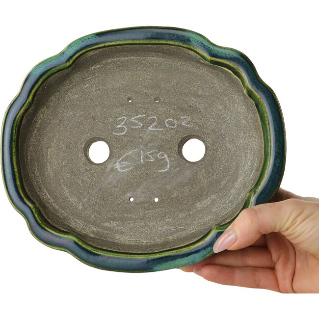 Lotusgroen met blauw accent bonsaipot van Terahata Satomi Mazan - 203 x 175 x 55 mm