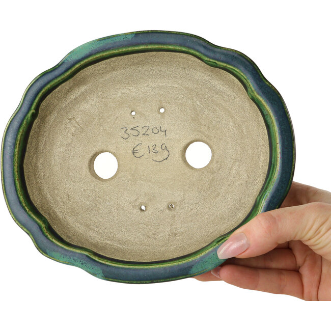 Maceta de bonsái verde loto con detalles en azul de Terahata Satomi Mazan - 182 x 154 x 48 mm