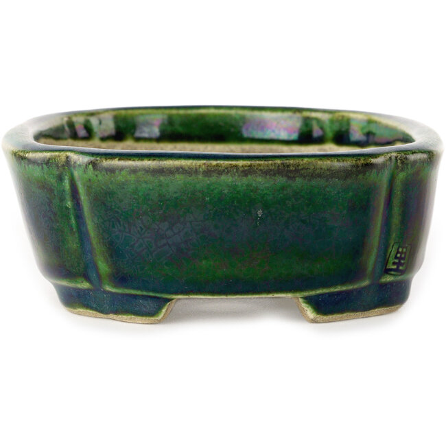 Mokko green with a blue accent bonsai pot by Terahata Satomi Mazan - 160 x 120 x 45 mm