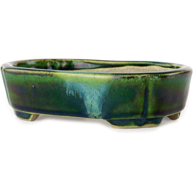Pot à bonsaï Mokko vert avec accent bleu par Terahata Satomi Mazan - 160 x 120 x 45 mm