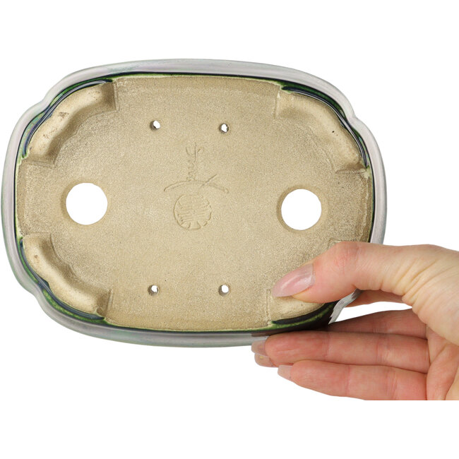 Maceta para bonsái verde Mokko con detalles en azul de Terahata Satomi Mazan - 160 x 120 x 45 mm