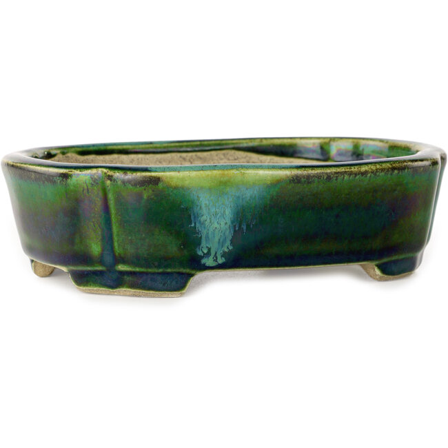 Pot à bonsaï Mokko vert avec accent bleu par Terahata Satomi Mazan - 160 x 120 x 45 mm