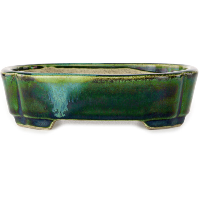 Mokko green with a blue accent bonsai pot by Terahata Satomi Mazan - 160 x 120 x 45 mm