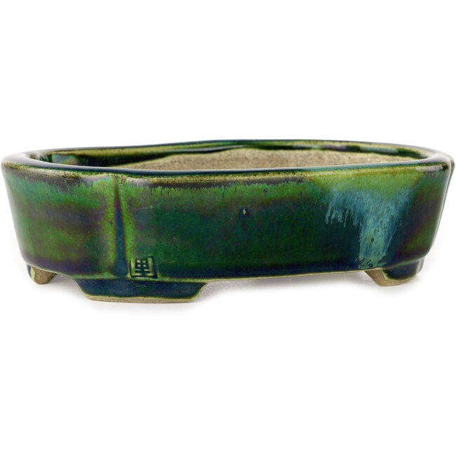 Mokko groen met blauw accent bonsaipot van Terahata Satomi Mazan - 160 x 120 x 45 mm