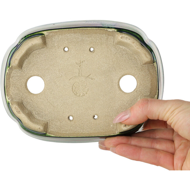 Maceta para bonsái verde Mokko con detalles en azul de Terahata Satomi Mazan - 160 x 120 x 45 mm