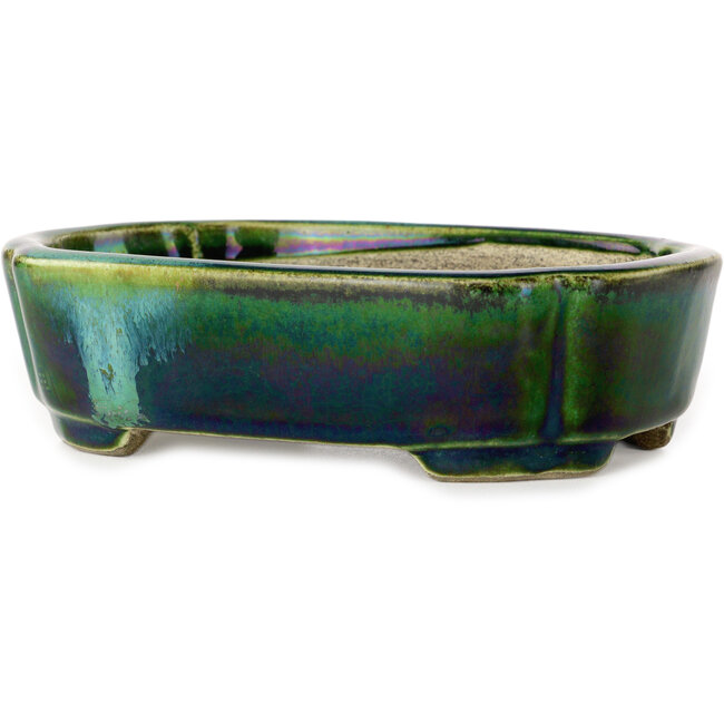 Pot à bonsaï Mokko vert avec accent bleu par Terahata Satomi Mazan - 160 x 120 x 45 mm