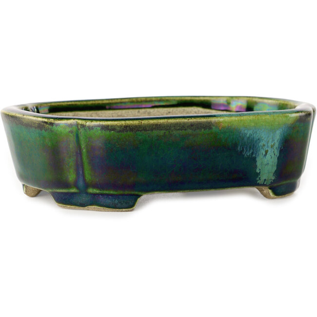 Maceta para bonsái verde Mokko con detalles en azul de Terahata Satomi Mazan - 160 x 120 x 45 mm