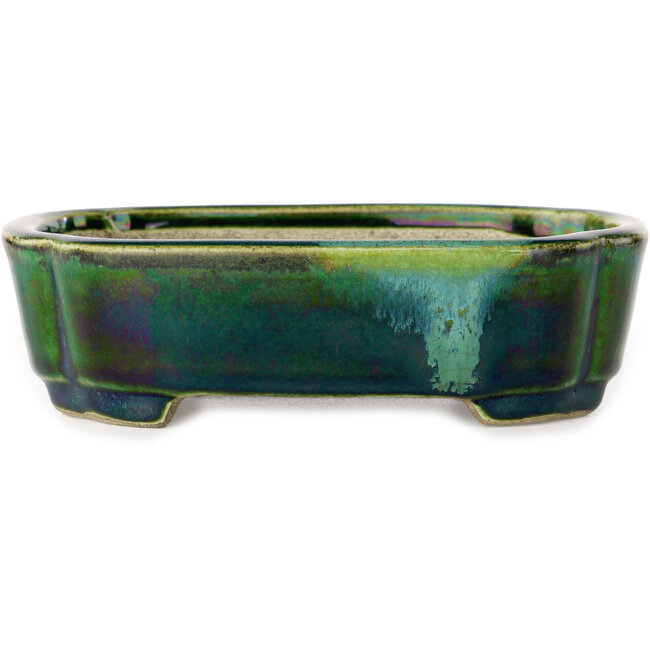 Pot à bonsaï Mokko vert avec accent bleu par Terahata Satomi Mazan - 160 x 120 x 45 mm