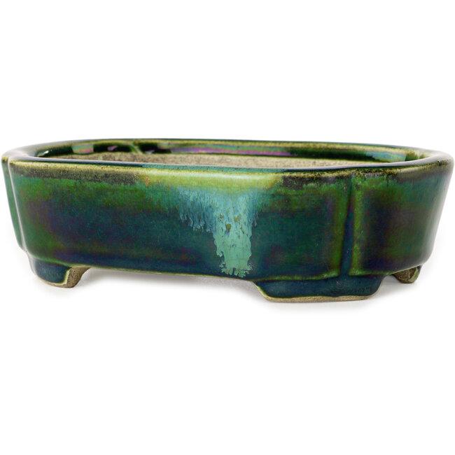 Mokko groen met blauw accent bonsaipot van Terahata Satomi Mazan - 160 x 120 x 45 mm