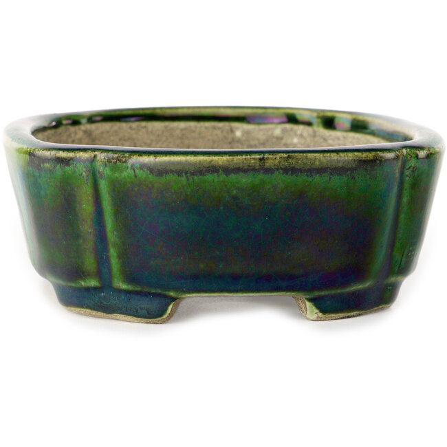 Mokko green with a blue accent bonsai pot by Terahata Satomi Mazan - 160 x 120 x 45 mm
