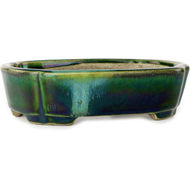 Mokko groen met blauw accent bonsaipot van Terahata Satomi Mazan - 160 x 120 x 45 mm