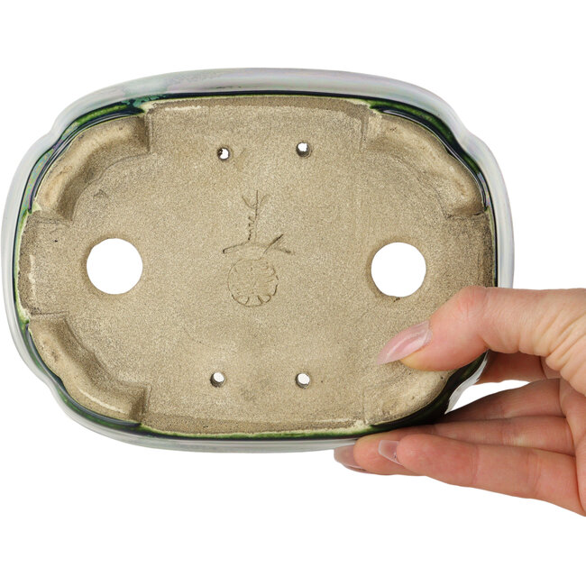 Mokko green with a blue accent bonsai pot by Terahata Satomi Mazan - 160 x 120 x 45 mm