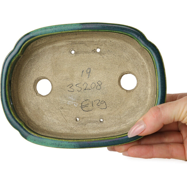 Maceta para bonsái verde Mokko con detalles en azul de Terahata Satomi Mazan - 160 x 120 x 45 mm