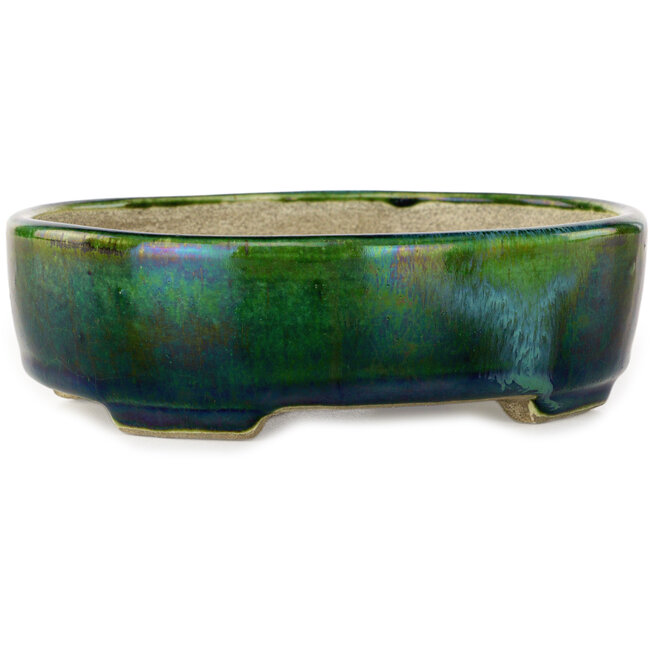 Oval green with a blue accent bonsai pot by Terahata Satomi Mazan - 157 x 130 x 47 mm