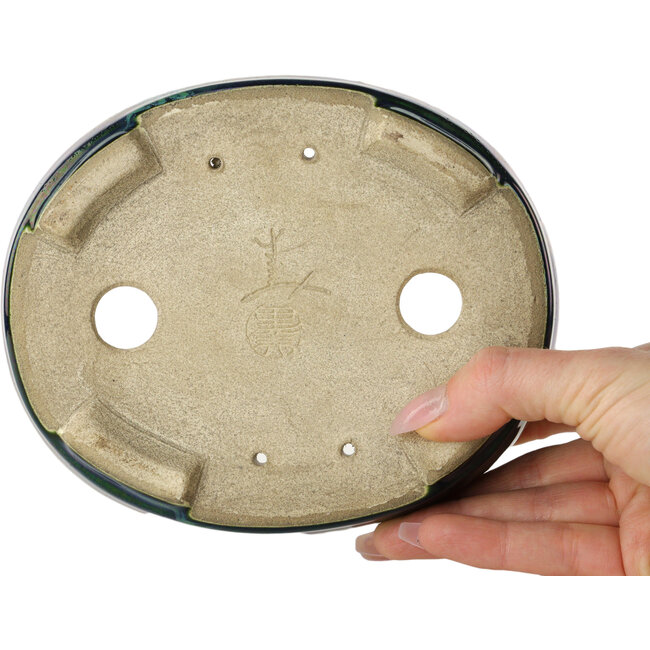 Pot à bonsaï ovale vert avec accent bleu par Terahata Satomi Mazan - 157 x 130 x 47 mm