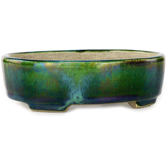 Oval green with a blue accent bonsai pot by Terahata Satomi Mazan - 157 x 130 x 47 mm