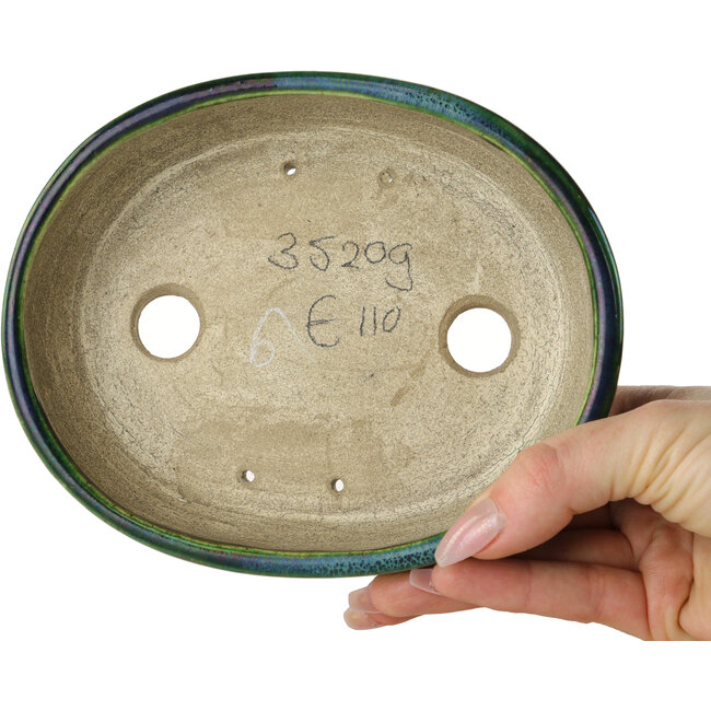 Oval green with a blue accent bonsai pot by Terahata Satomi Mazan - 157 x 130 x 47 mm