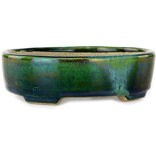Oval green with a blue accent bonsai pot by Terahata Satomi Mazan - 157 x 130 x 47 mm