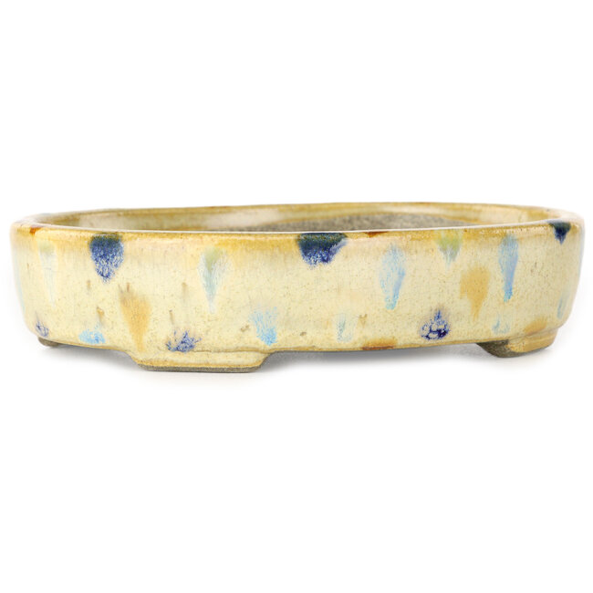 Pot à bonsaï ovale beige craquelé, multicolore par Terahata Satomi Mazan - 140 x 115 x 30 mm