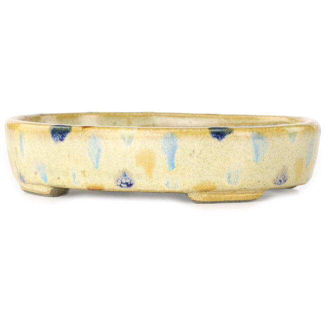 Pot à bonsaï ovale beige craquelé, multicolore par Terahata Satomi Mazan - 140 x 115 x 30 mm