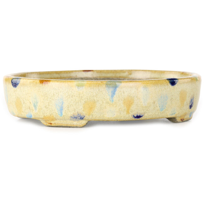 Oval beige craquelé, multicolor bonsai pot by Terahata Satomi Mazan - 140 x 115 x 30 mm