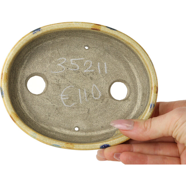 Pot à bonsaï ovale beige craquelé, multicolore par Terahata Satomi Mazan - 140 x 115 x 30 mm