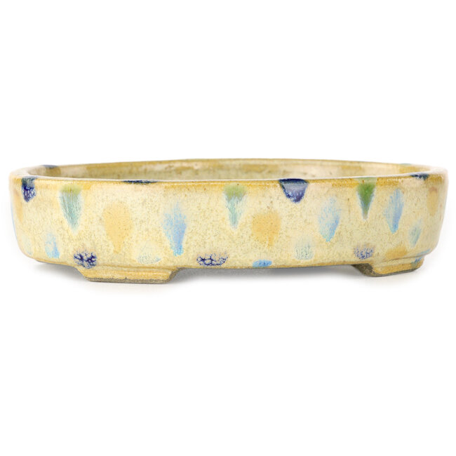 Pot à bonsaï ovale beige craquelé, multicolore par Terahata Satomi Mazan - 140 x 115 x 30 mm