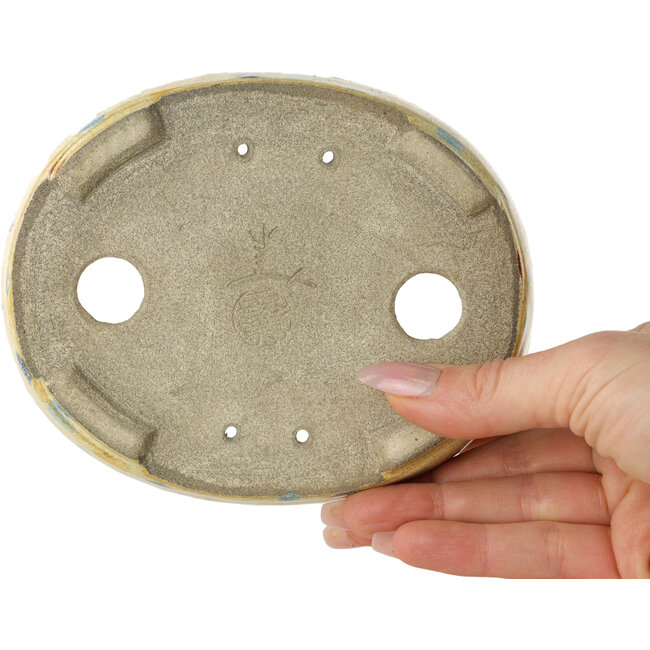 Ovale beige craquelé, veelkleurige bonsaipot van Terahata Satomi Mazan - 140 x 115 x 30 mm